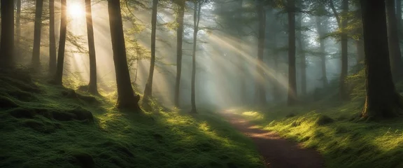 Fototapeten Enchanted Forest in Morning Mist, an HDR photograph of an enchanted forest with beams of morning © vanAmsen