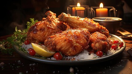 Fototapeta premium Delicious fried chicken with sweet and sour sauce on a wooden table with a blurred background