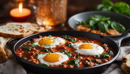 Egg and Spinach Shakshuka, a skillet of rich, spiced tomato sauce with poached eggs and spinach