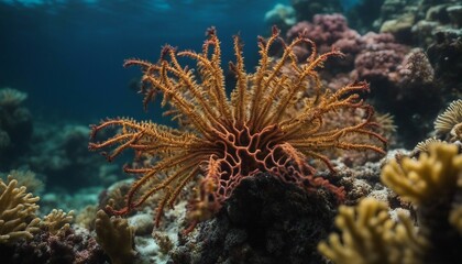 Feather Star on Coral, a feather star with its intricate arms spread out on a piece of coral