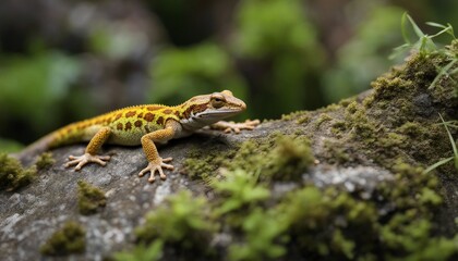 Fototapeta premium Gecko on a Rock Wall, a gecko with mottled skin perfectly camouflaged against a lichen-covered 
