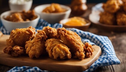 Golden Fried Chicken, crispy and juicy fried chicken pieces on a rustic wooden board