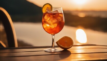 Golden Hour Spritz, a bubbly Aperol spritz basking in the golden hour light, with warm tones 