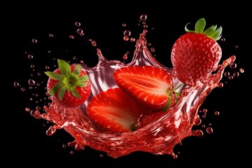 Strawberry juice splash with isolated strawberries on white background. Healthy nutrition. Template for liquid label design. 3D illustration. Generative AI