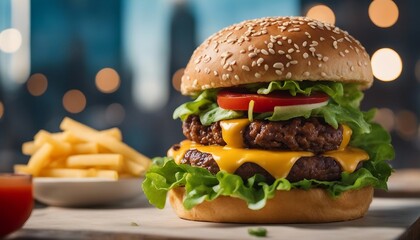 Juicy Beef Burger, a close-up of a gourmet burger with a thick beef patty, fresh lettuce, tomato