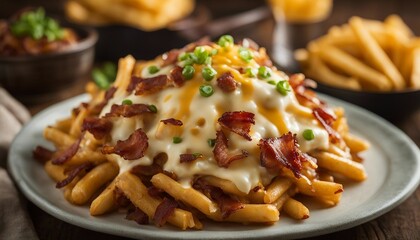 Loaded Cheese Fries, a heaping portion of fries smothered in melted cheese, bacon, and green onions