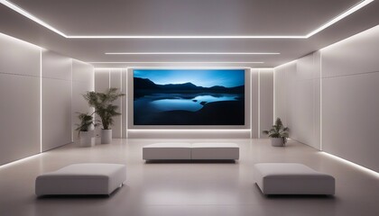 Minimalistic Futuristic Media Room, wall-to-wall white screens displaying virtual landscapes