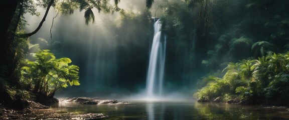  Misty Waterfall Oasis, a hidden waterfall amidst tropical foliage, the mist creating rainbows