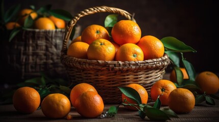 Fresh Orange Fruits in a bamboo basket with blur background