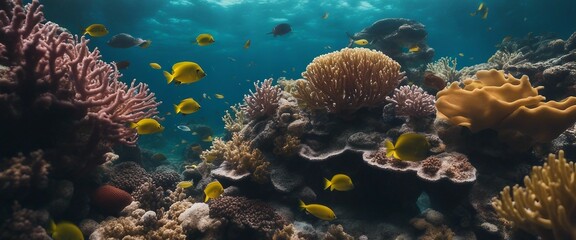  Pristine Coral Reef, an underwater view of a vibrant coral reef teeming with marine life