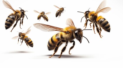 A swarm of bees flying together against a white background.
