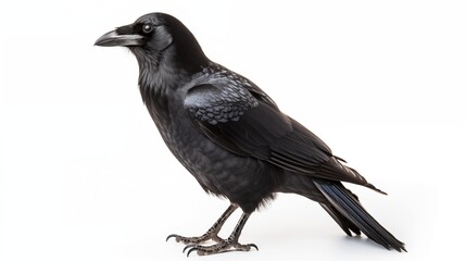 A black crow standing on its feet, displaying its sleek feathers and sharp beak. - obrazy, fototapety, plakaty