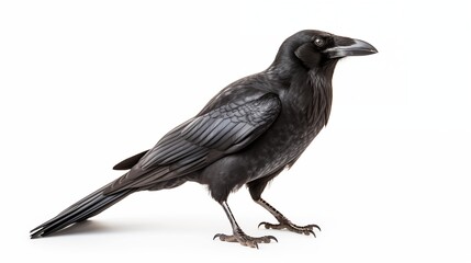A black crow perched on a white background, showcasing the contrast between its dark feathers and the bright backdrop.
