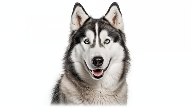A smiling husky dog on a white background.