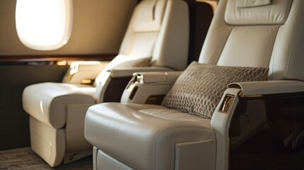 Obraz premium Travel in style and relaxation as you enjoy the picturesque cloudscape from your private jet, with our stylish footrests and ottomans offering the perfect place to kick back and unwind.