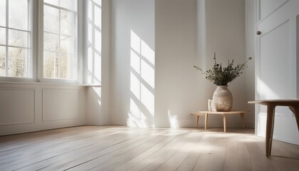 Scandinavian Serenity, a bright room with pale wood floors and crisp white walls