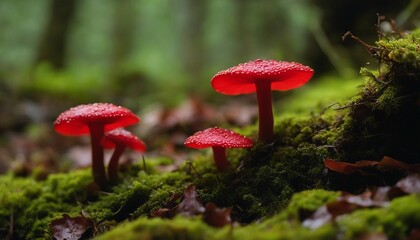 Scarlet Elf Cup, the deep red, cup-shaped mushrooms dotting the forest floor, their bright color - obrazy, fototapety, plakaty