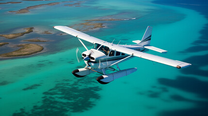 Cessna plane offers aerial view Florida Keys with turquoise waters and coral reefs clearly visible - obrazy, fototapety, plakaty