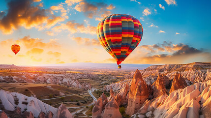 colorful hot air balloon gently floats over the unique, fairy-tale rock formations of Cappadocia - obrazy, fototapety, plakaty