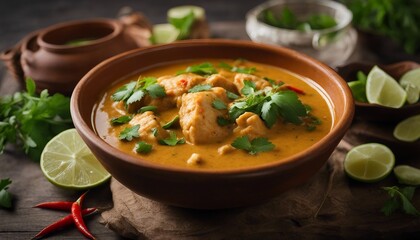  Spicy Thai Fish Curry, a bowl of aromatic Thai fish curry with coconut milk and fresh herbs