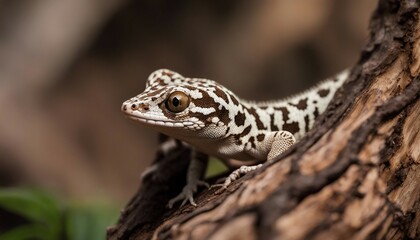 Naklejka premium Spotted Gecko on Tree Bark, a spotted gecko camouflaged against the intricate patterns of tree bark