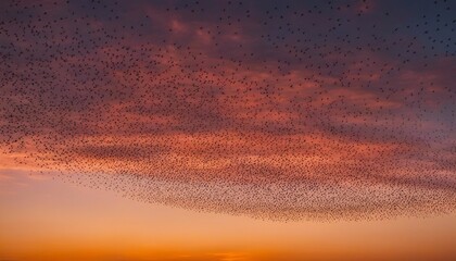 Starling Flock at Sunset, a flock of starlings in murmuration, the setting sun turning their