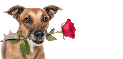 Pet Dog Perfect Love: Adorable Valentine's Day Stock Image of a Pet Dog Holding a Red Rose In Its Mouth.  White Background. 