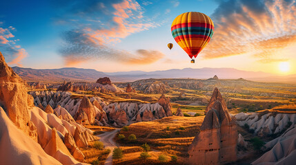 Hot Air Balloon Over Cappadocia gently floats over the unique, fairy-tale rock formations - obrazy, fototapety, plakaty
