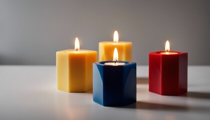 Fototapeta na wymiar Vibrant Geometric Candle Holders, bold, angular candle holders in primary colors, each holding 