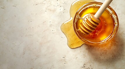Golden and shiny honey on soft pastel background visual composition. Container with natural honey seen from above in a pleasant sensorial combination. - obrazy, fototapety, plakaty