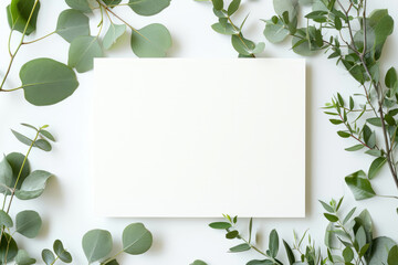 Overhead flat lay view of a blank white invitation stationery card with eucalyptus leaves - obrazy, fototapety, plakaty