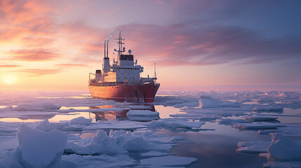 powerful icebreaker ship reinforced hull plows through thick sea ice in Arctic surrounded by stark