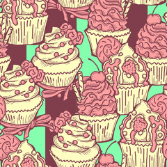 Tasty sweet cupcake dessert decorative seamless vector pattern for textile design, fabric print, digital or wrapping, wall paper, background and backdrop, bakery shop decoration, cafe, restaurant menu