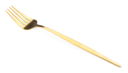 One shiny golden fork isolated on white