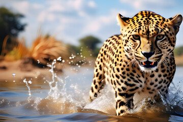 Wild moment: 4K HD wallpaper with majestic portrait of wet cheetah generative ai