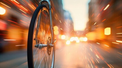 Closeup of a bicycle wheel spinning in motion, with reflections of the bustling cityscape in the handlebars.