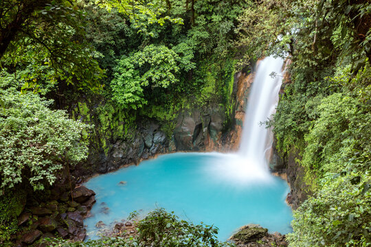Rio Celeste turquoise waterfall in the green rainforest, Tenorio Volcano National Park, Costa Rica