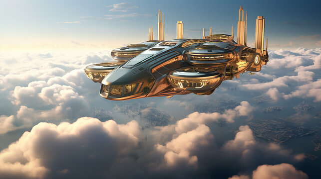 Futuristic Sky Taxi Cloud City flies between towering structures of cloud city, high above the earth
