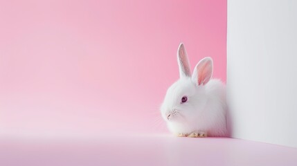 Obraz premium A cute white bunny in minimalist style in neutral setting with copy space. Adorable white bunny in serene atmosphere with space for merchandising.