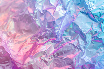 Close-up of ethereal pastel neon pink, purple, lavender, mint holographic metallic foil background.