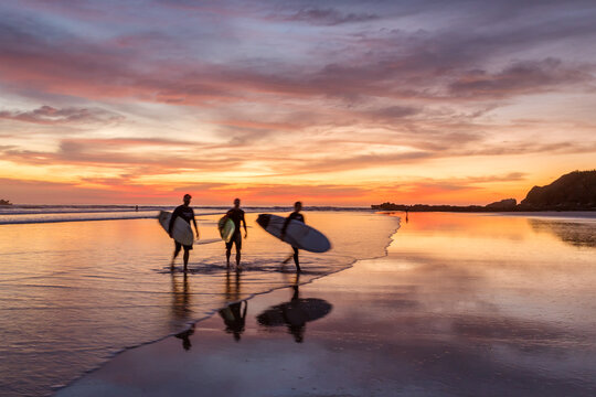Three surfers at sunset walking on beach, Playa Guiones, Costa Rica, Caribbean