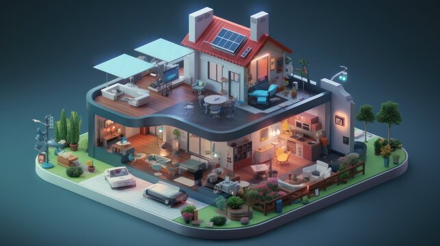 3D isometric modern minimalist style house building design, with a solar power plant on the roof top, cool trees around the house.
