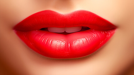 Fototapeta premium Lips painted with red lipstick. Aesthetics and beauty.