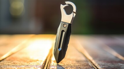 Closeup of a selfdefense keychain tool with sharp edges and loud alarm.