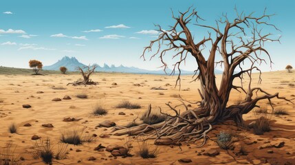 Illustration of dry land, dry dead trees, changing weather. Background wallpaper.