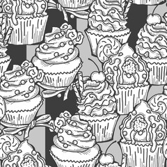 Tasty sweet cupcake dessert decorative seamless vector pattern for textile design, fabric print, digital or wrapping, wall paper, background and backdrop, bakery shop decoration, cafe, restaurant menu