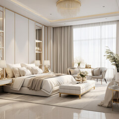 in this white bedroom adorned with light luxury. The AI generative technology adds a touch of sophistication, bringing out the ambiance of serenity and style. AI generative