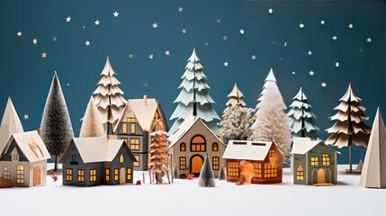 Illustration of a winter design in a village with small houses and pine trees in origami craft style.