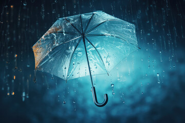 a transparent umbrella, rain, and a waterdrop splash background. This rainy weather concept, crafted with AI generative artistry, captures the magic of a wet day. Ai generative