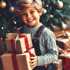 Obraz na płótnie Canvas charismas A happy, smiling boy with a gift box cute boy